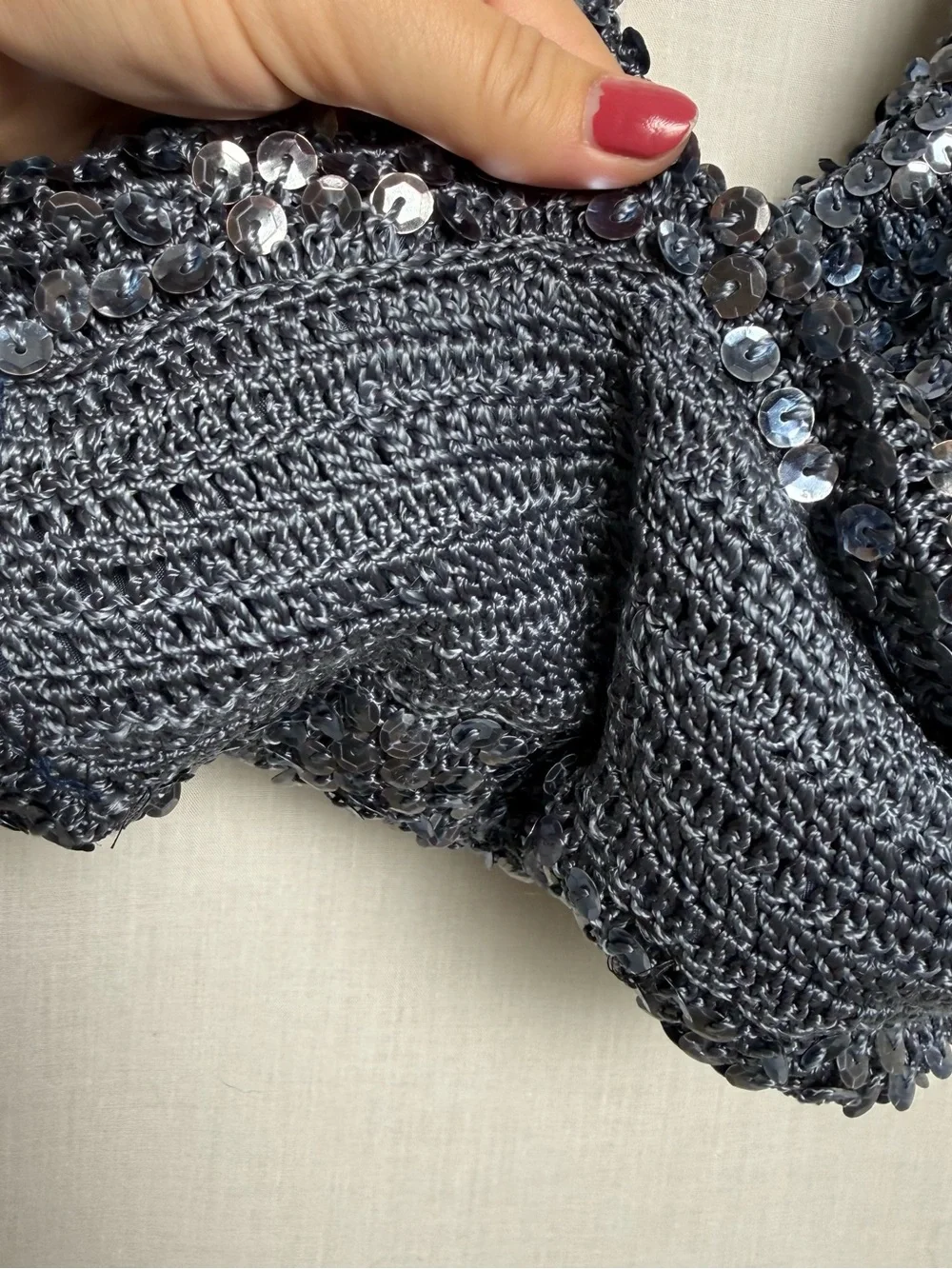 Y2K Style Sequin Crochet Hobo Bag Gray Silver Shoulder Purse Zip Lined
